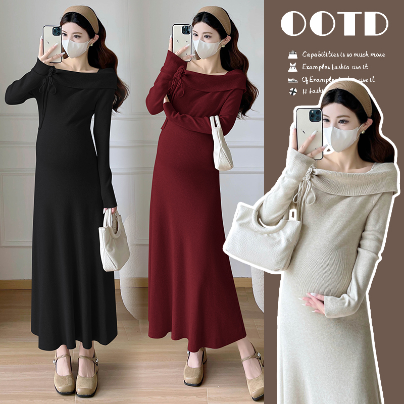 【枫丽】2025秋冬新款孕妇法式显瘦高级感花朵针织修身长袖连衣裙