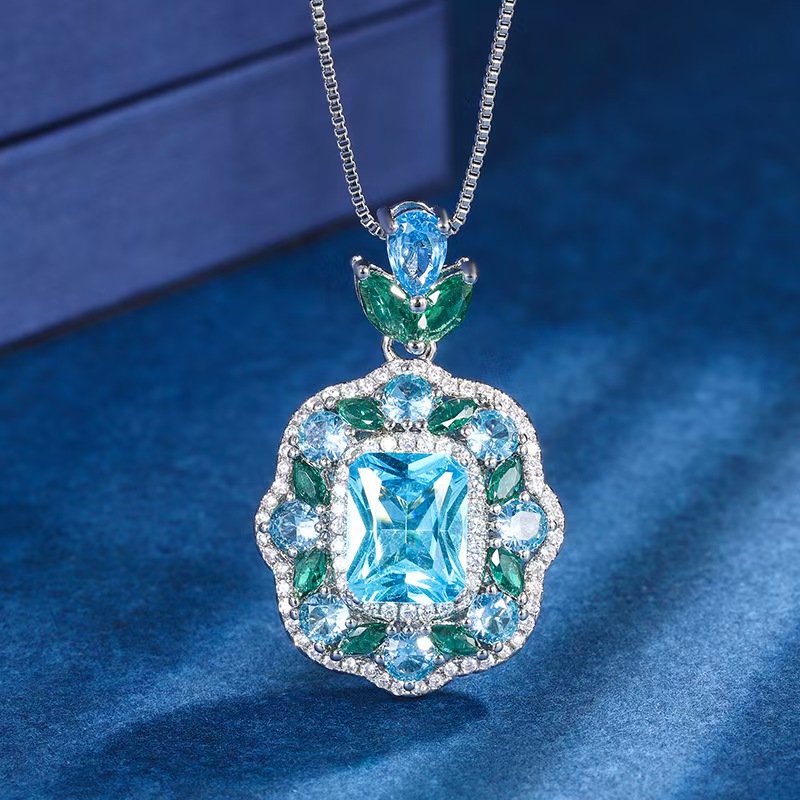 铜合金锆石吊坠 素款坠链蓝色奢华3816