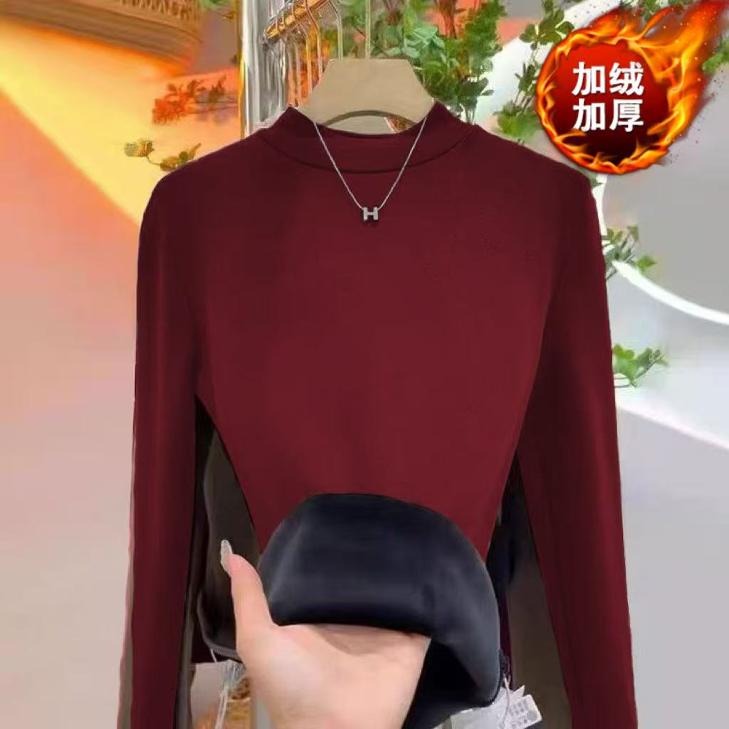秋冬新款加绒加厚气质百搭小立领长袖纯色女士修身时尚打底衫