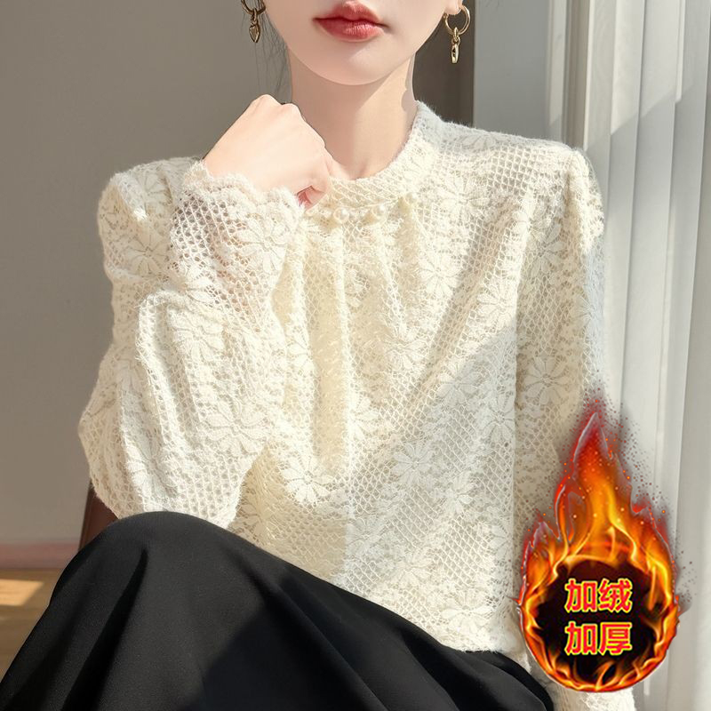 加绒秋冬新款时尚保暖洋气植绒珍珠领百搭遮肚长袖蕾丝打底衫上衣