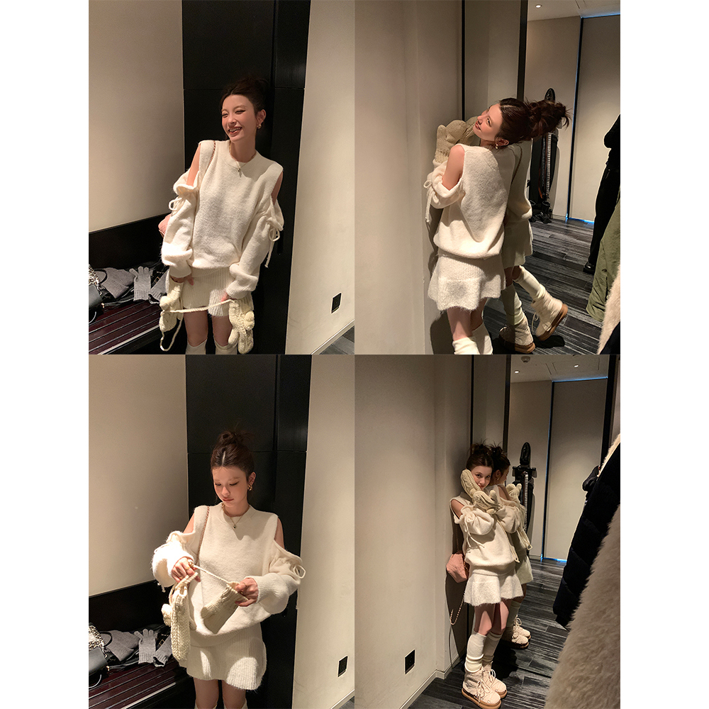 【北欧周末】露肩毛衣女+针织短裙套装4664