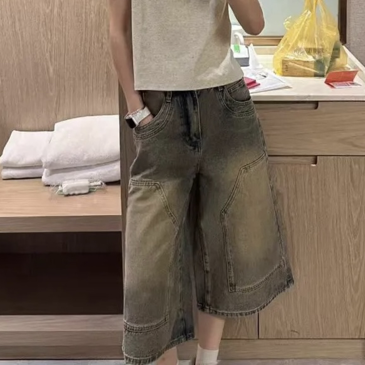 美式复古做旧高腰七分阔腿牛仔裤女夏季新款休闲直筒中裤