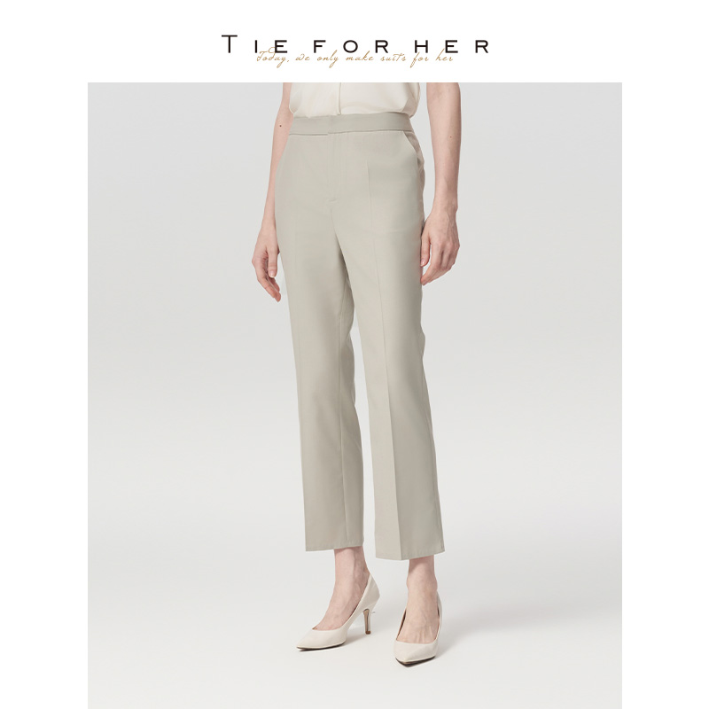 TieForHer燕麦色高腰九分通勤百搭直筒裤时尚女裤子西装裤女