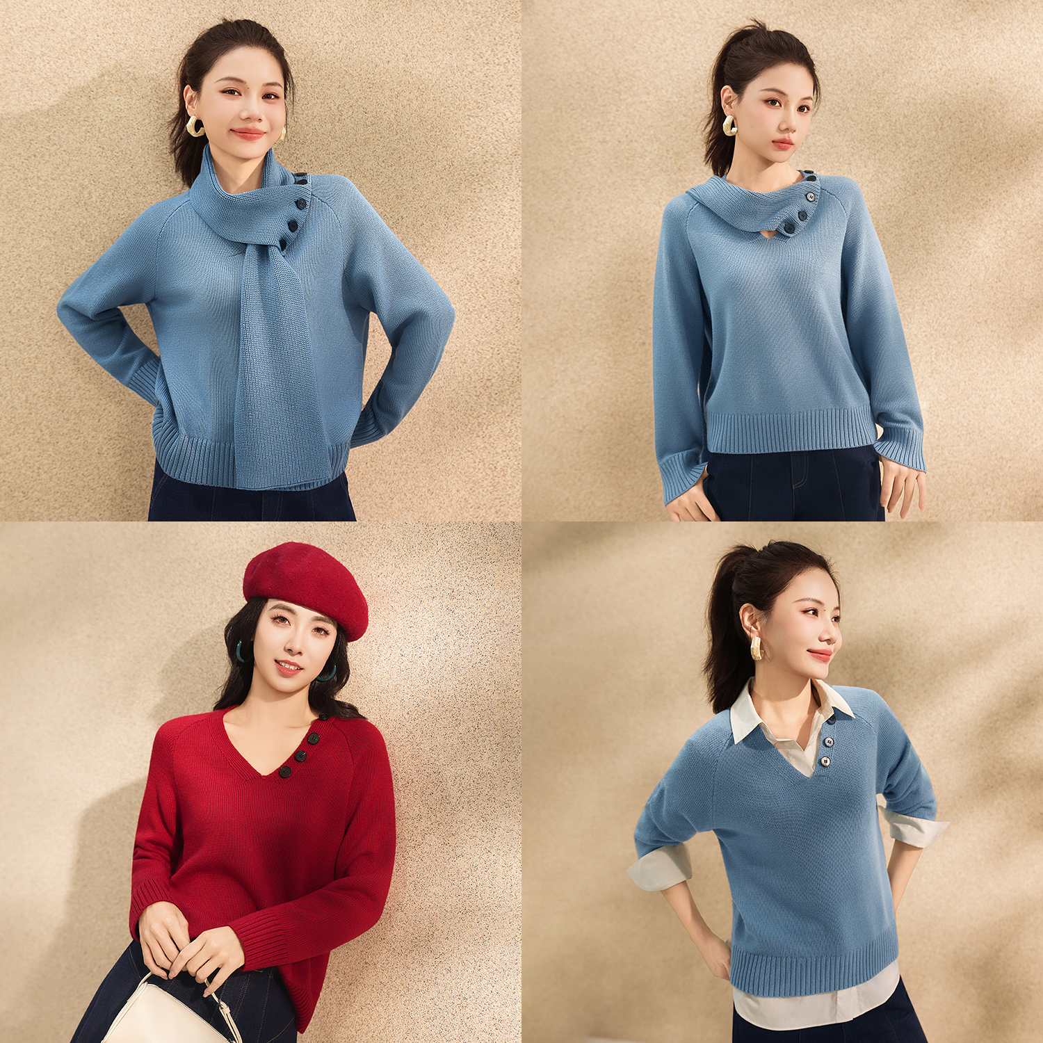 谭飞岁暖围巾毛衫官方冬季新款可拆卸围巾V领慵懒随性毛衣女