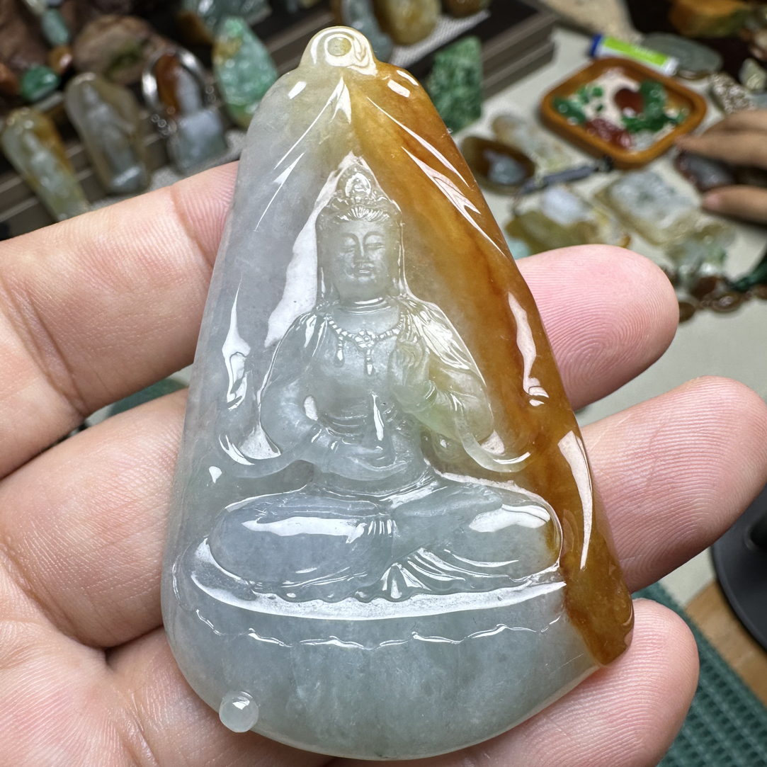 缅甸天然翡翠A货冰种黄翡净瓶观音（24小时鉴赏）