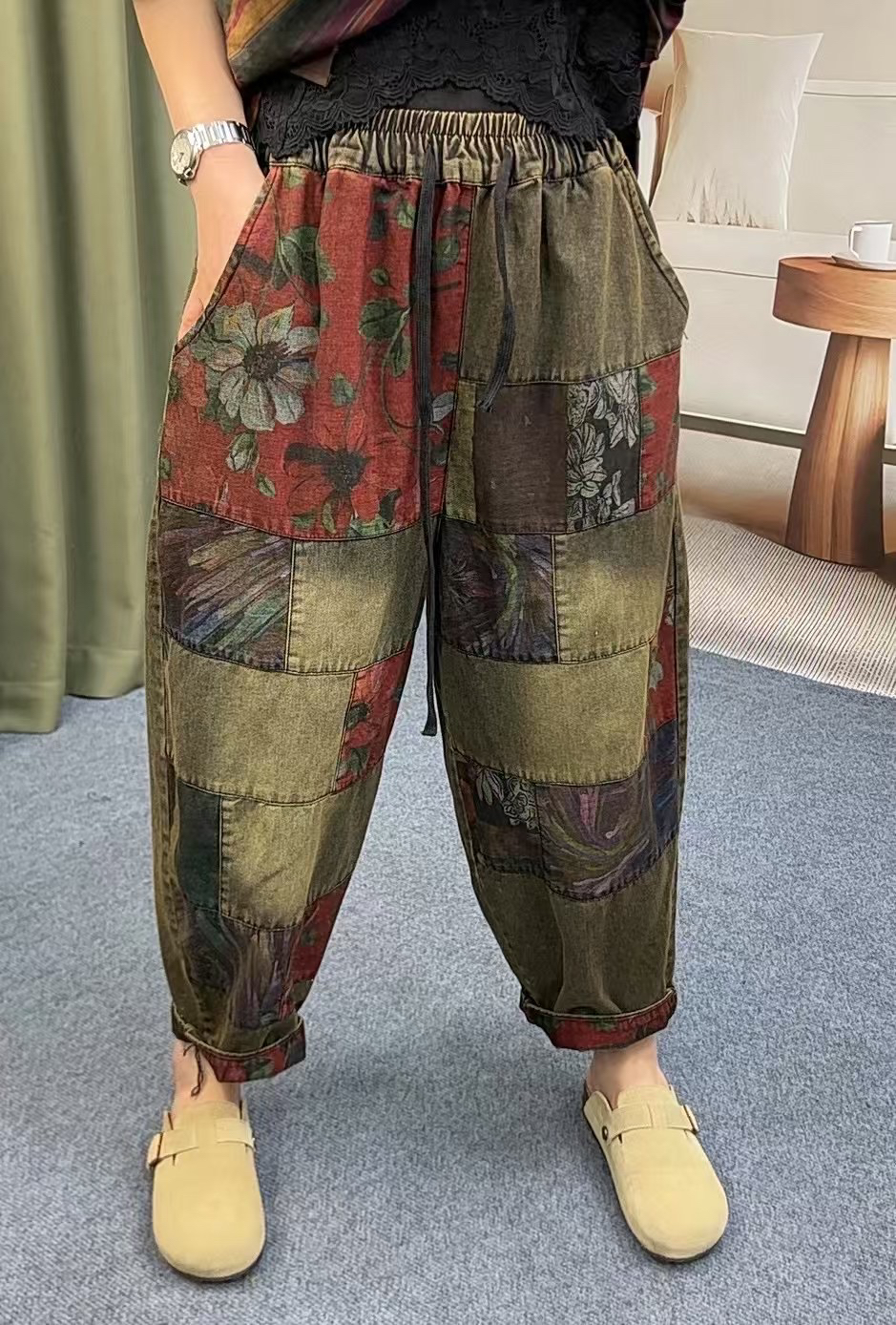 夏款时尚潮流手工百家布拼接长裤复古补丁设计休闲裤子
