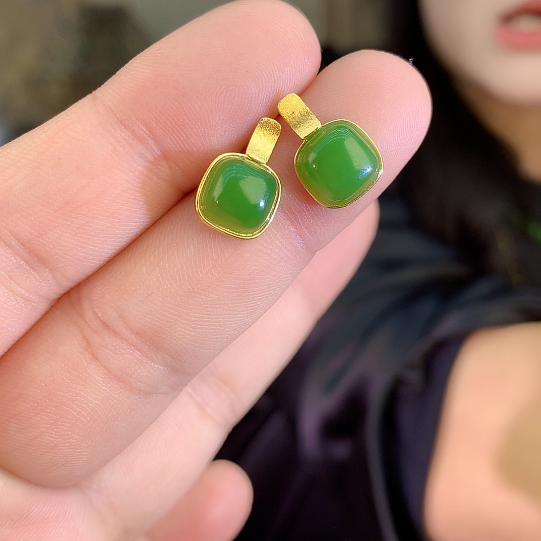 吊坠(不含链)银S925镶嵌和田玉（碧玉）耳饰