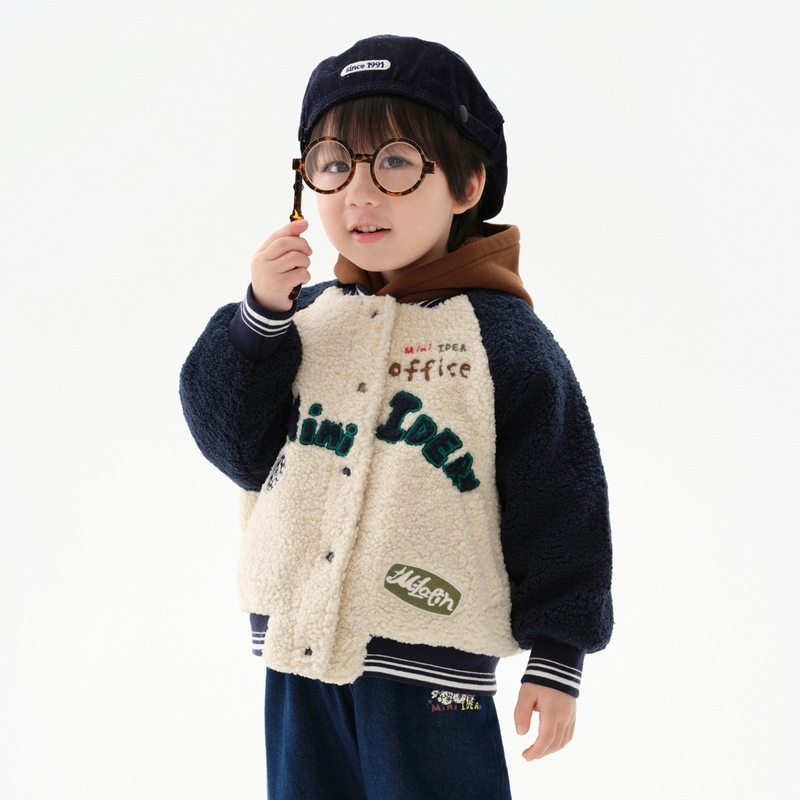 马拉丁童装儿童棉服冬款男小童贴布绣花保暖仿羊羔毛棒球外套
