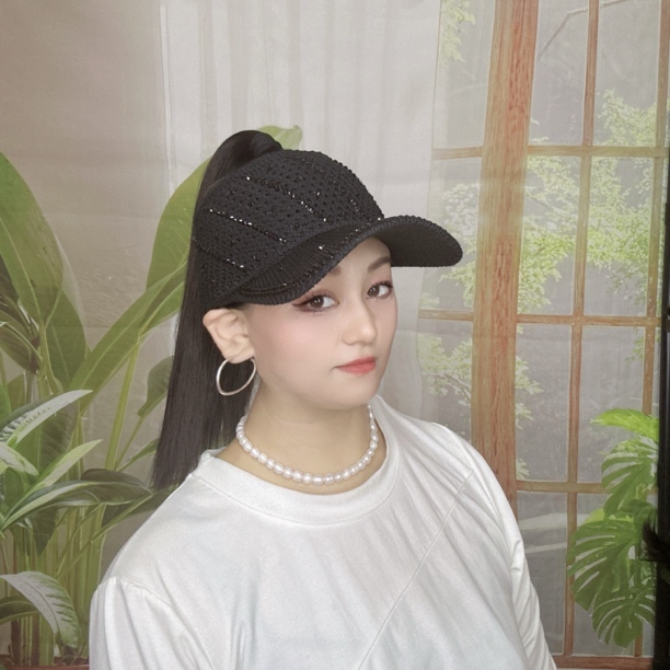 春秋新款帽子假发一体带钻直发高马尾假发轻薄透气遮阳防晒