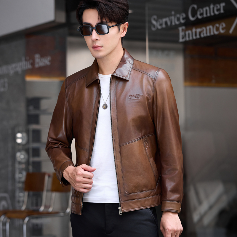 春秋新款棕色真皮山羊皮男款时尚休闲百搭翻领皮夹克男士短款皮衣