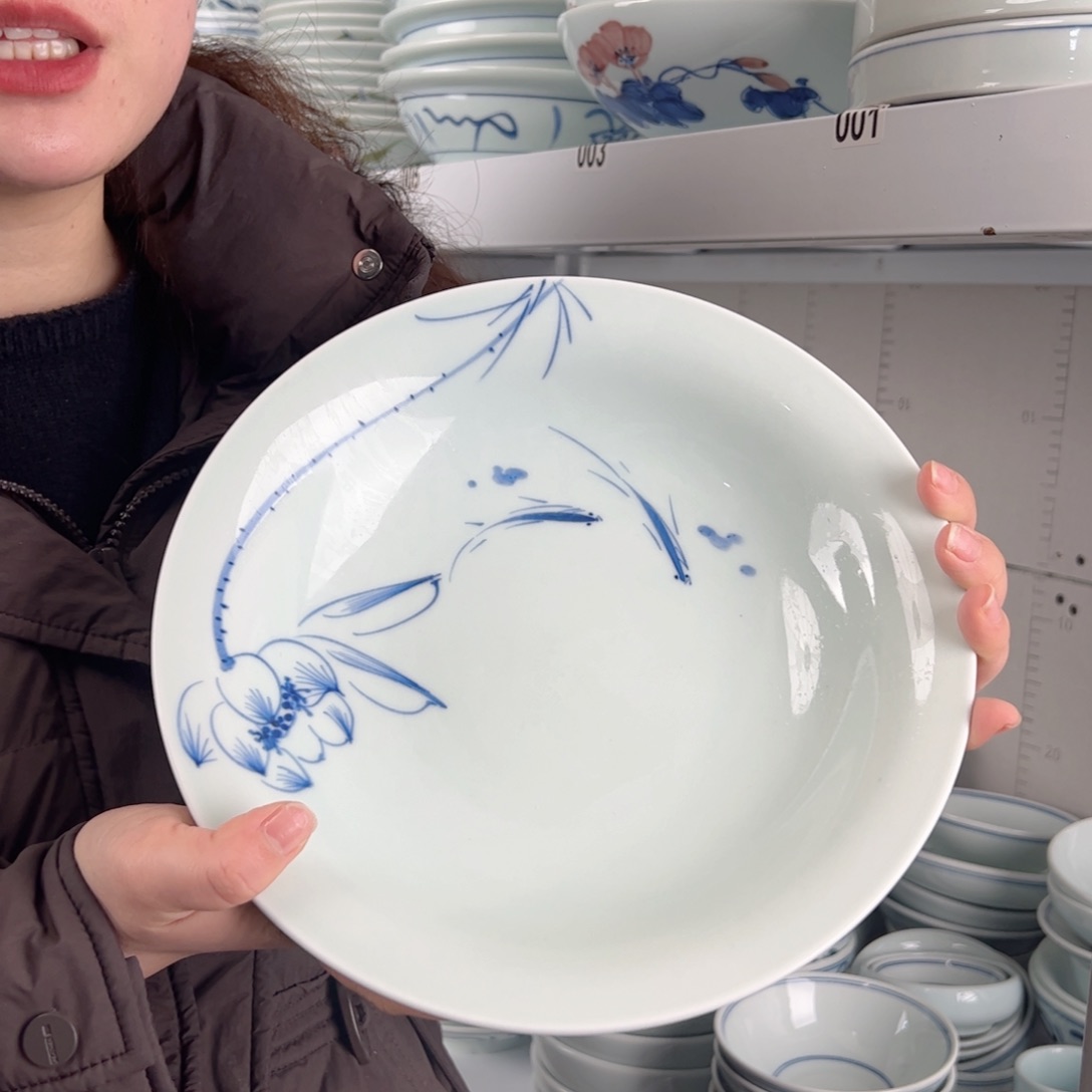 碗微瑕手绘鱼荷花10寸明式古碗