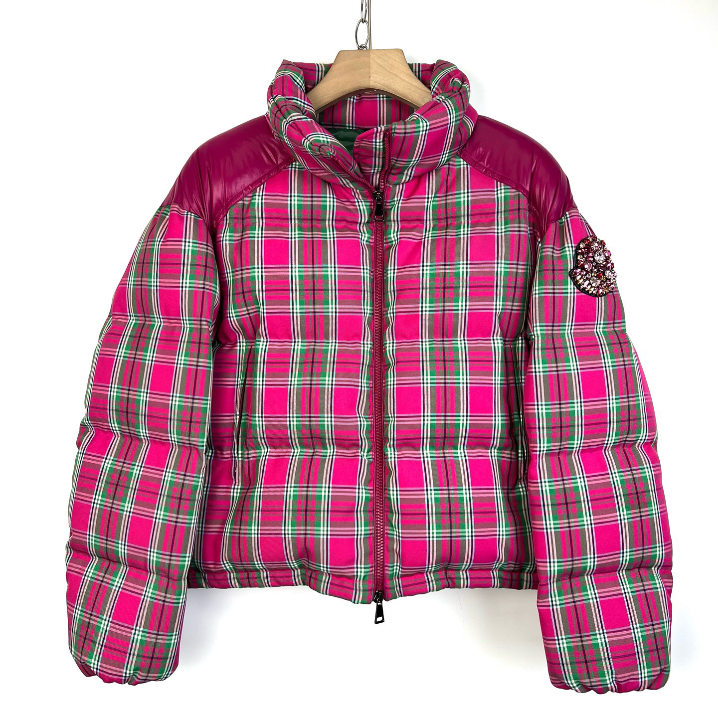 99新 MONCLER 0码/短款格纹钻石Logo袖标羽绒服/不明显划痕/08868