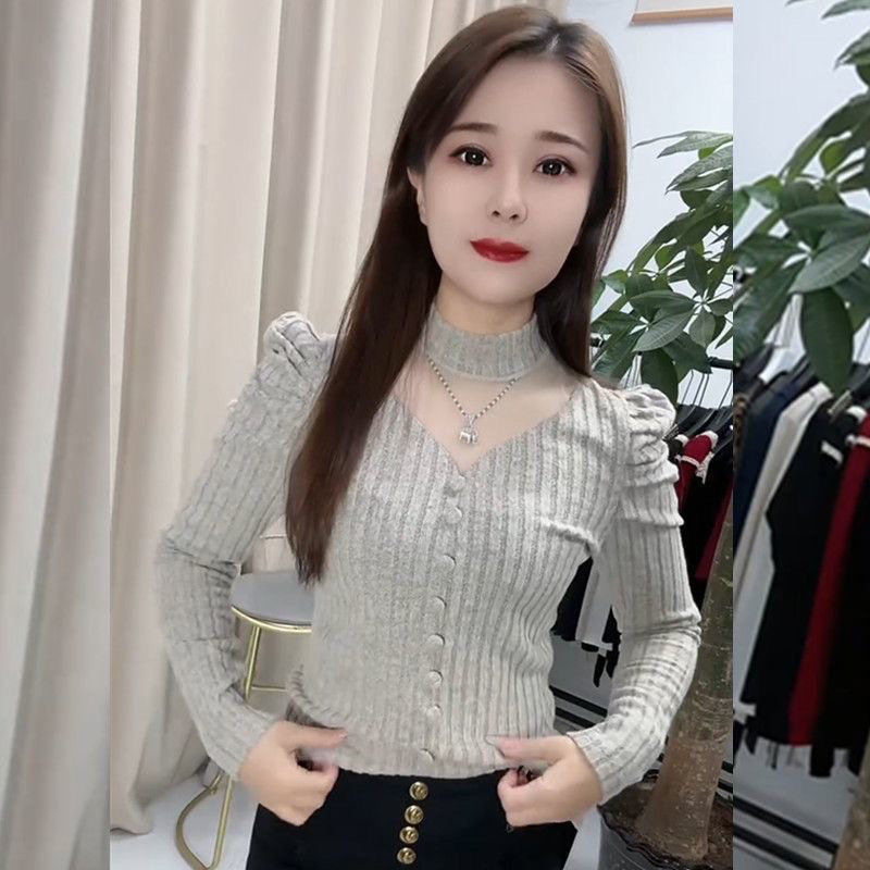 秋冬新款坑条磨毛拼接镂空网纱半高领t恤女保暖外穿内搭打底衫