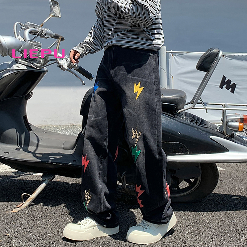 猎璞复古水洗牛仔裤男2025新款宽松阔腿vibe复古闪电纹直筒裤子男