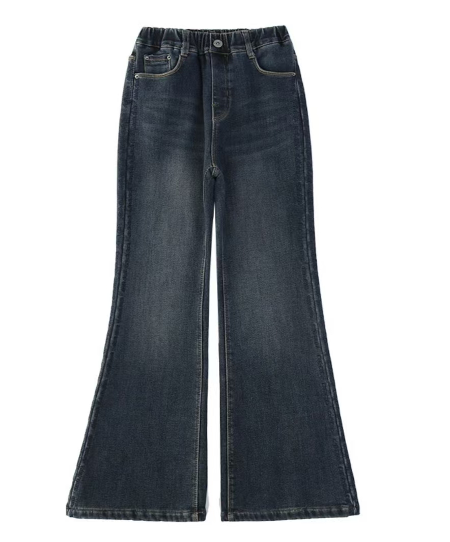 2025冬季儿童女童中大童松紧腰加绒牛仔显瘦气质微喇牛仔裤