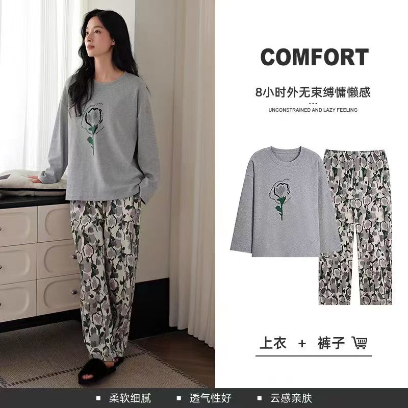 29-女士秋季灰色玫瑰AB搭带胸垫套头家居服套装