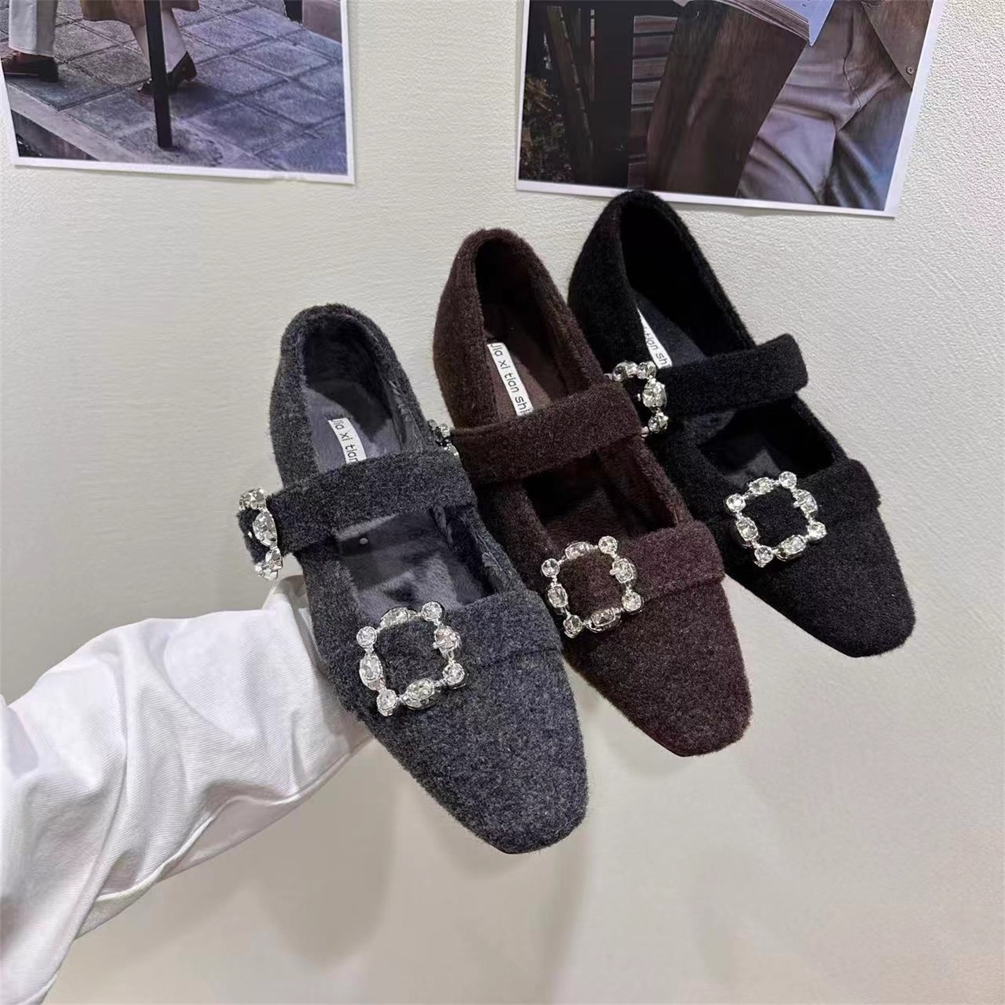 水钻高跟纯色冬季浅口方头单鞋小香风加绒瓢鞋鞋子