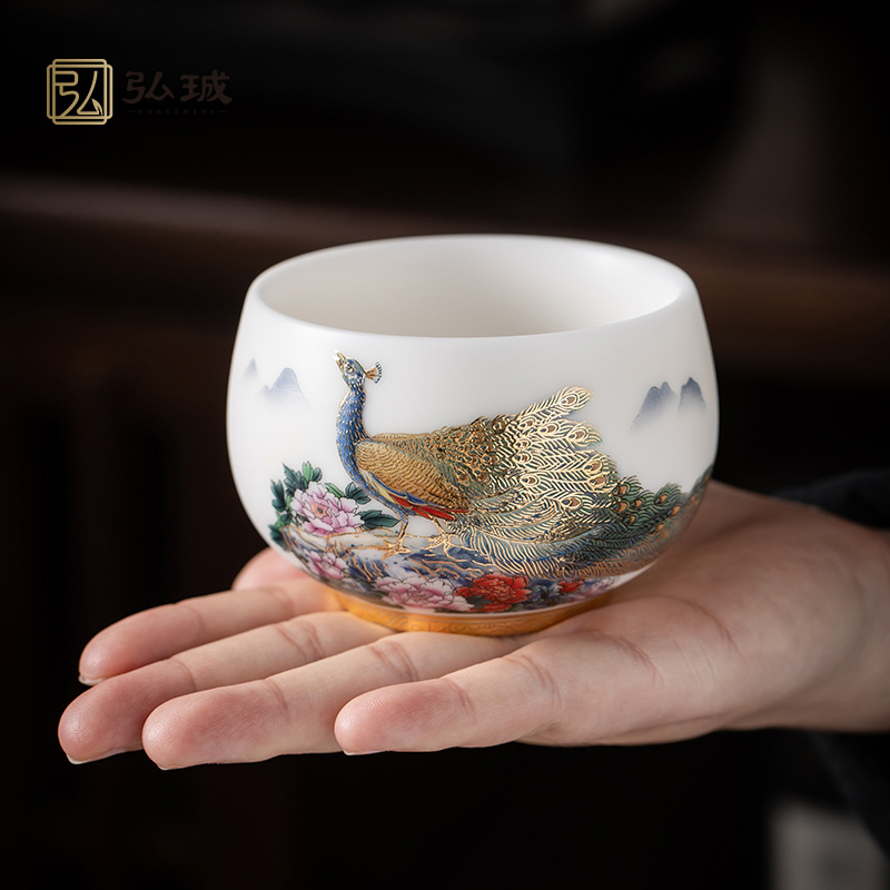 绱宏臻选 羊脂玉花开富贵个人专用杯品茗杯陶瓷茶具茶盏杯