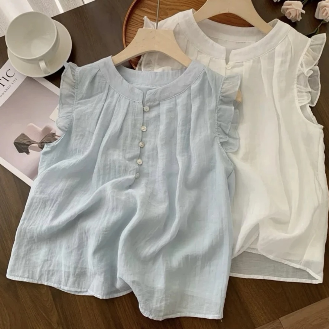 夏季设计感小众飞飞袖时尚百搭纯色气质女舒适休闲上衣6532#0.1