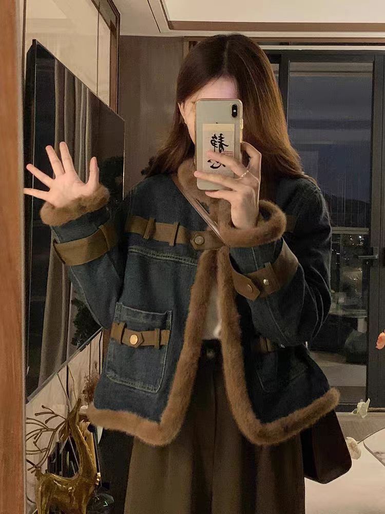 系扣秋季宽松型女INS风短外套牛仔韩版撞色加厚时尚