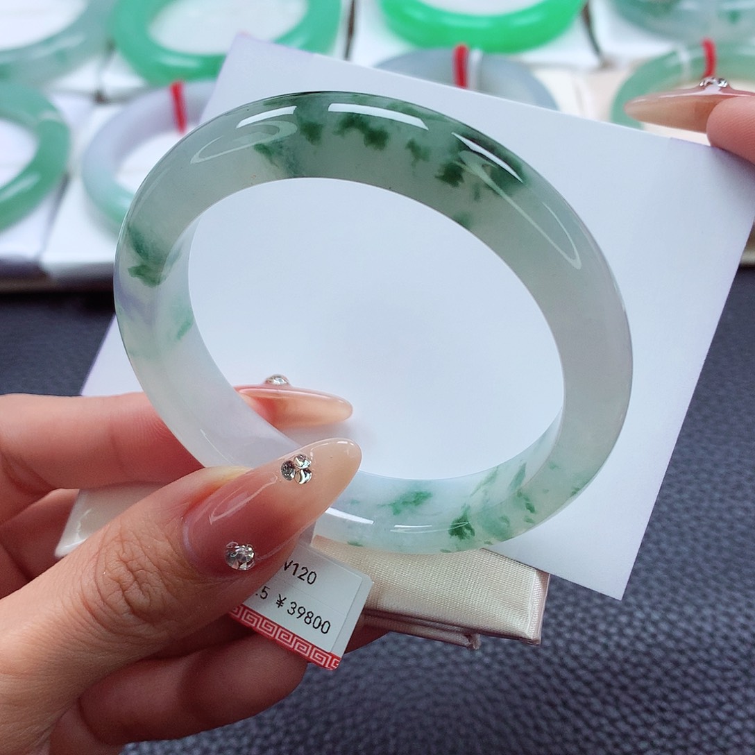 翡翠手镯未镶嵌53.54.55白冰绿花 一抹紫  特色品质好