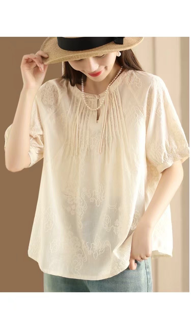 夏季新中式刺绣宽松风琴褶短袖棉麻衬衫女5533