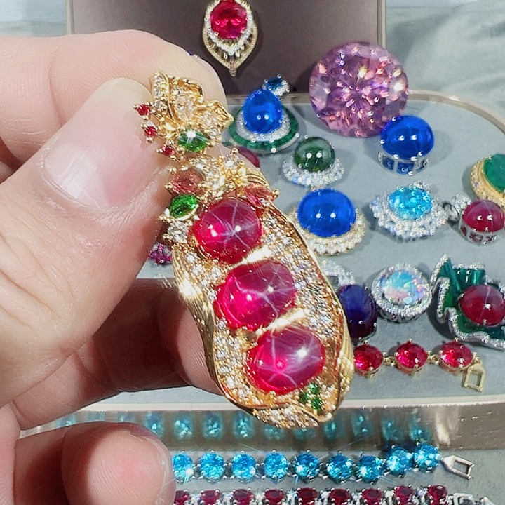 非金属红色蓝色满镶嵌吊坠戒指