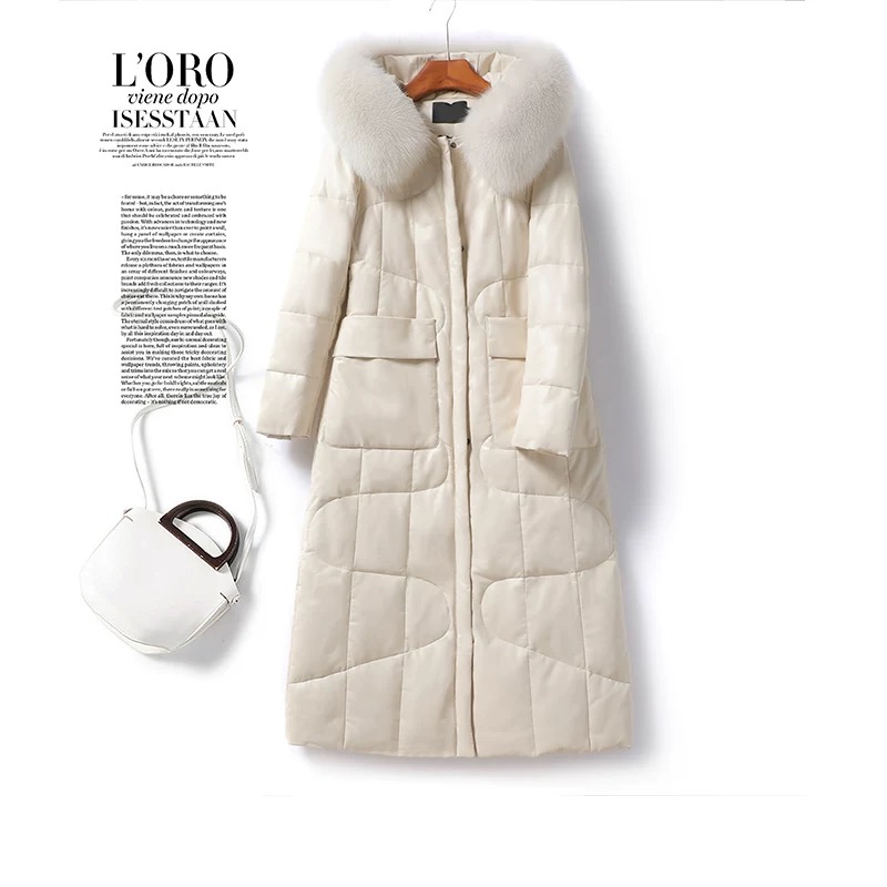 海宁真皮皮衣 长款皮羽绒狐狸大毛领连帽修身绵羊皮女外套-218-