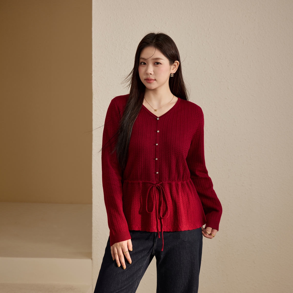 【幽兰】纤莉秀大码女装流光风抽绳小众设计软糯伞摆针织衫QK3629