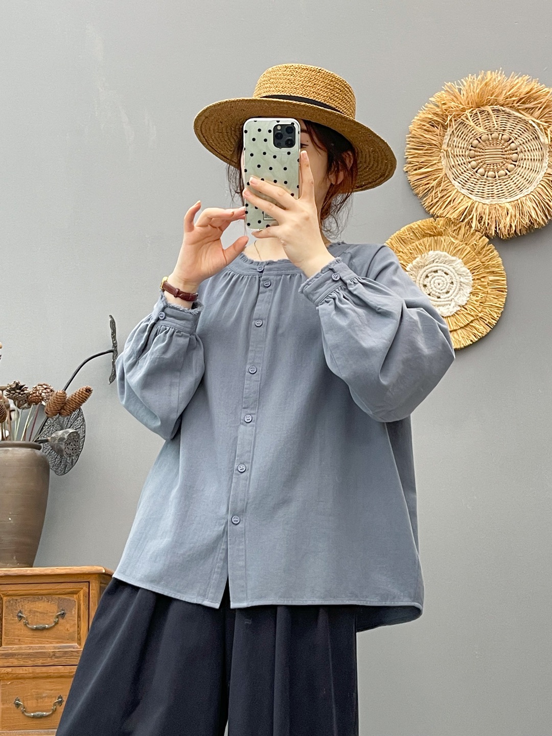 秋季新款圆领百搭宽松纯棉上衣女外穿设计感衬衣长袖衬衫86288