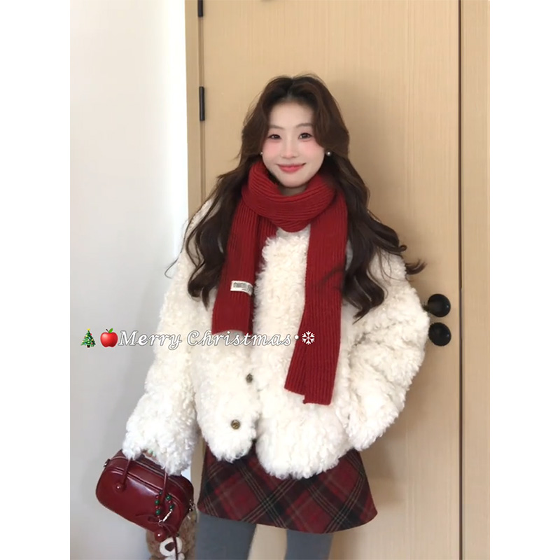 MARIE.COCO秋冬新款韩系宽松羊羔绒外套费尔岛针织开衫毛衣半身裙