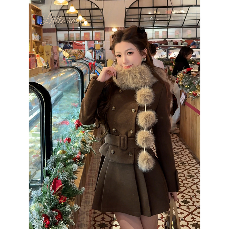 小雨姐姐【海归掌门】收腰立领毛尼上衣外套+压褶A半身裙女两件套女