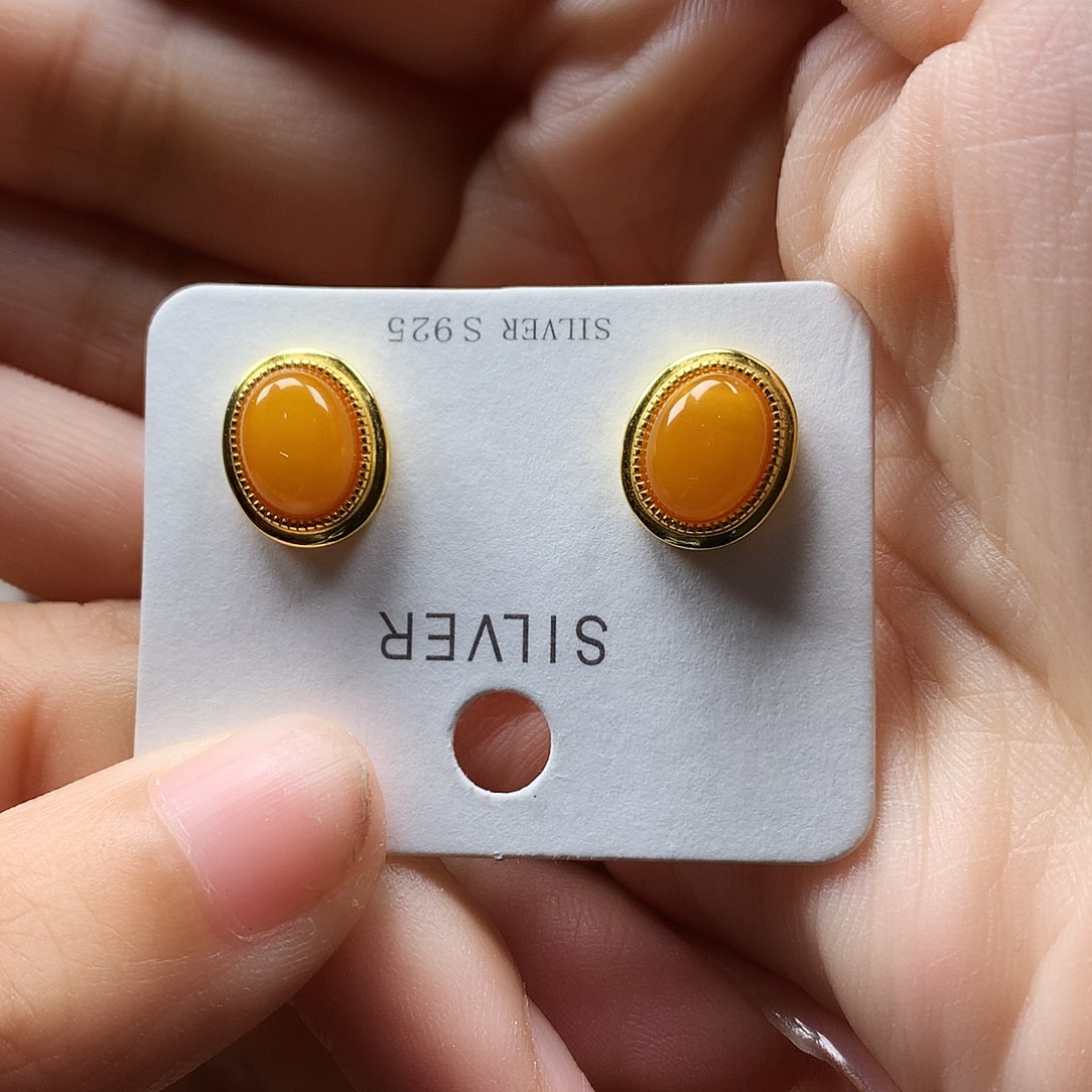 蜜蜡耳饰银S925镶嵌耳钉