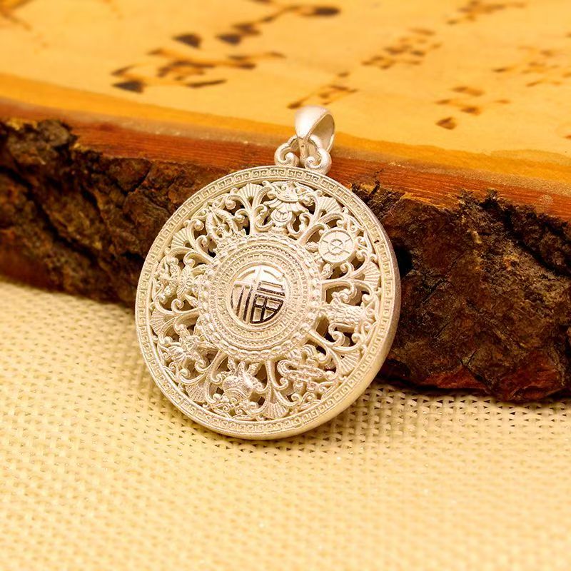 链子925银 9999银八宝罗盘吊坠新中式国风风格