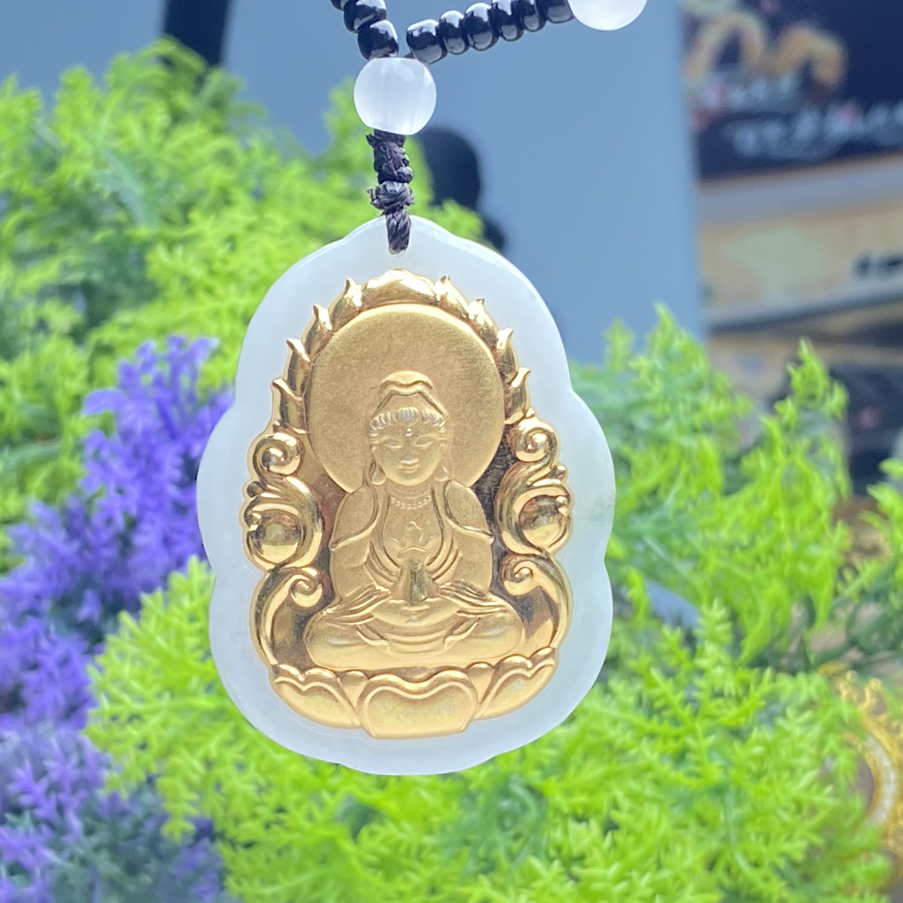 （周姐推荐）黄金 真金镶嵌翡翠玉火焰宝瓶观音吊坠