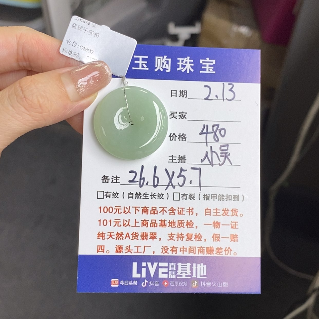 【闪购商品】翡翠颈饰未镶嵌大**哦平安扣