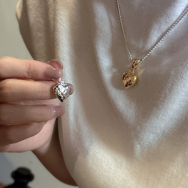 吊坠925银 韩版设计感锤纹工艺3d硬银爱心吊坠12*14MM万能扣配饰