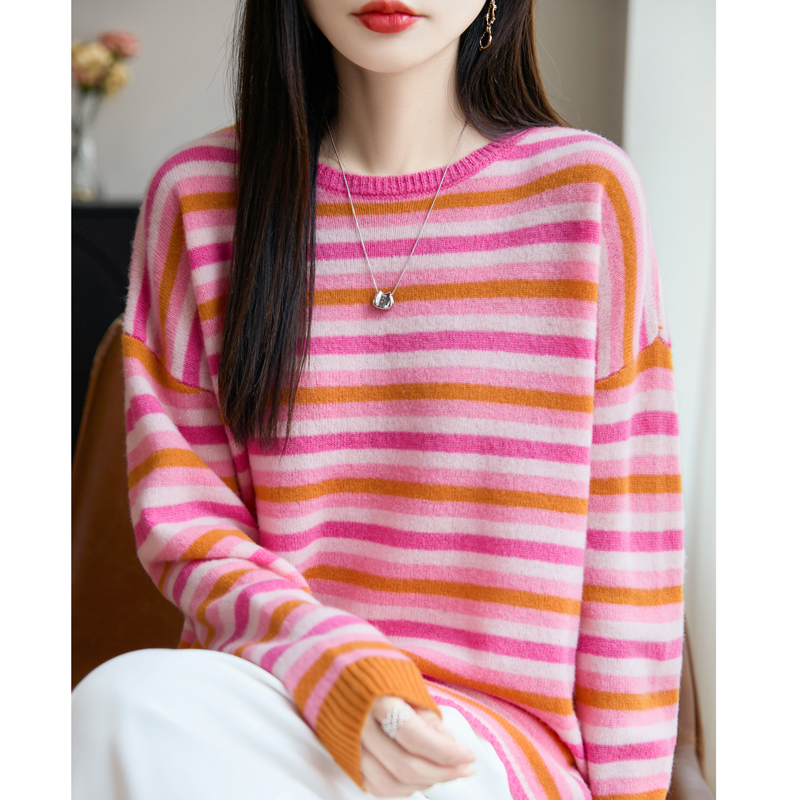 衣品加分~新款七针单股彩条圆领长袖羊毛衫女毛衣