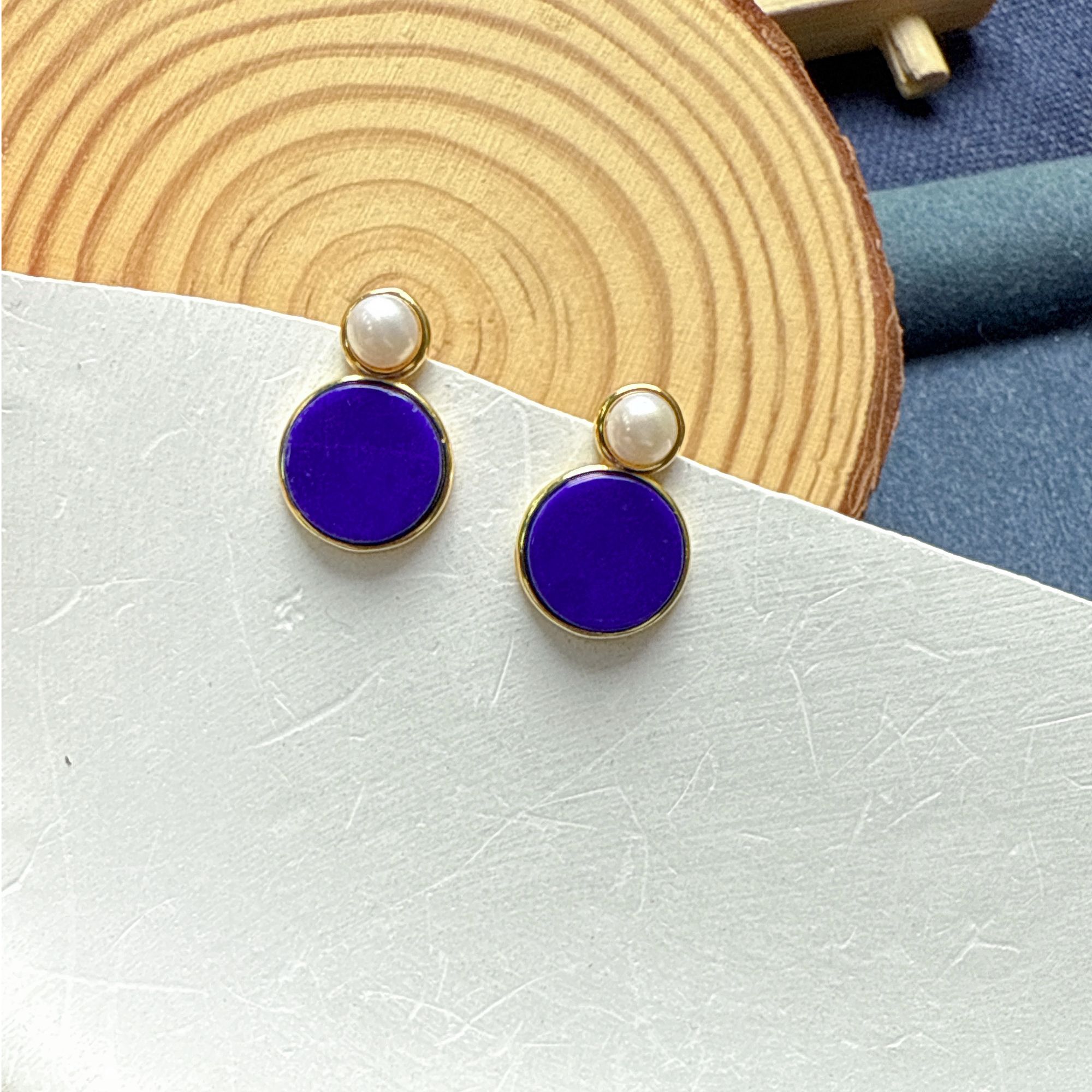 青金石圆形耳钉S925银