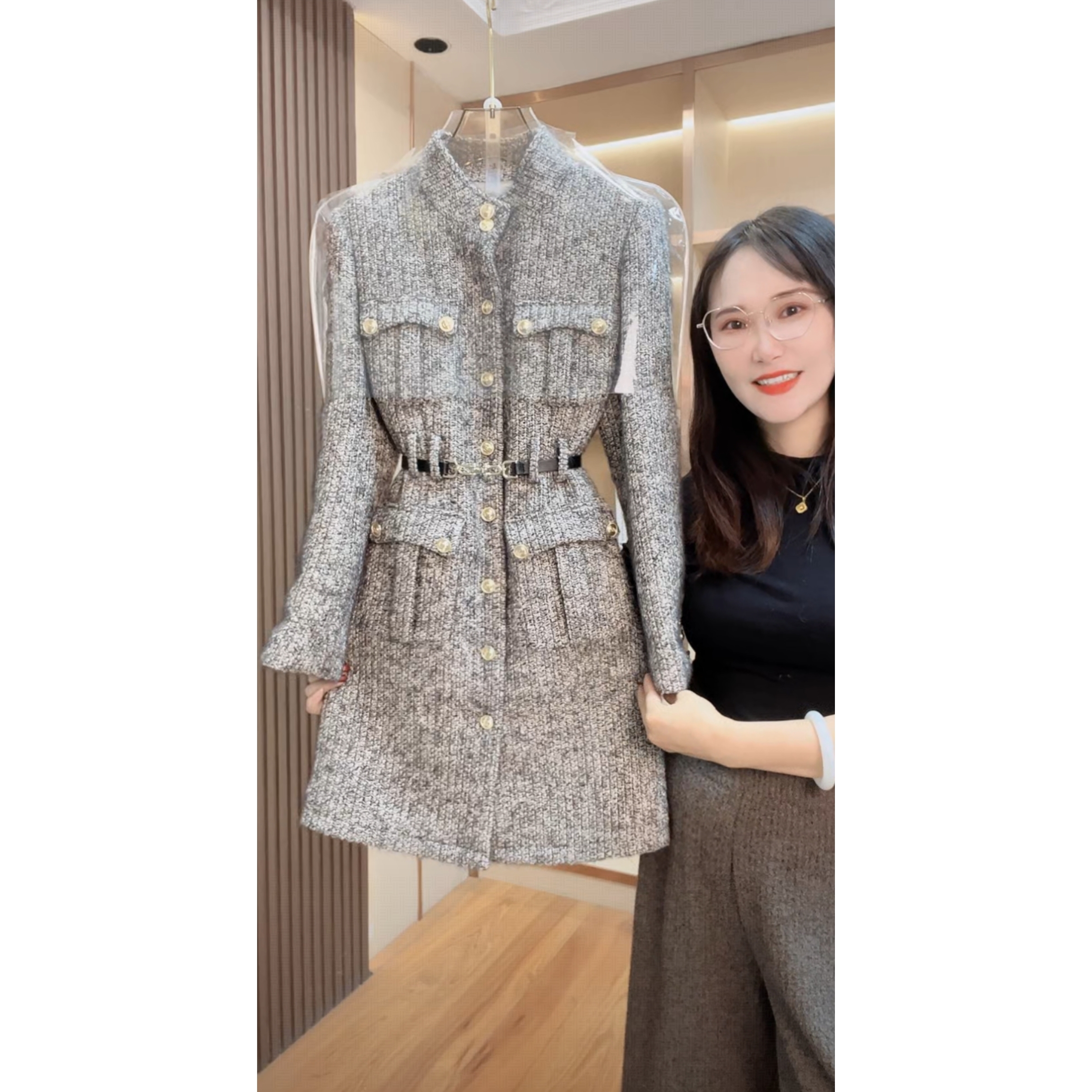 【门店飞】2423囯内设计师品牌女装气质收腰长袖连衣裙