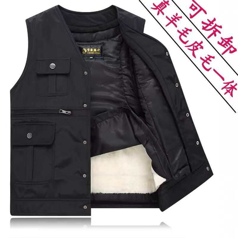 真皮皮毛一体羊毛马甲中老年男士标准免烫宽松型秋冬工装