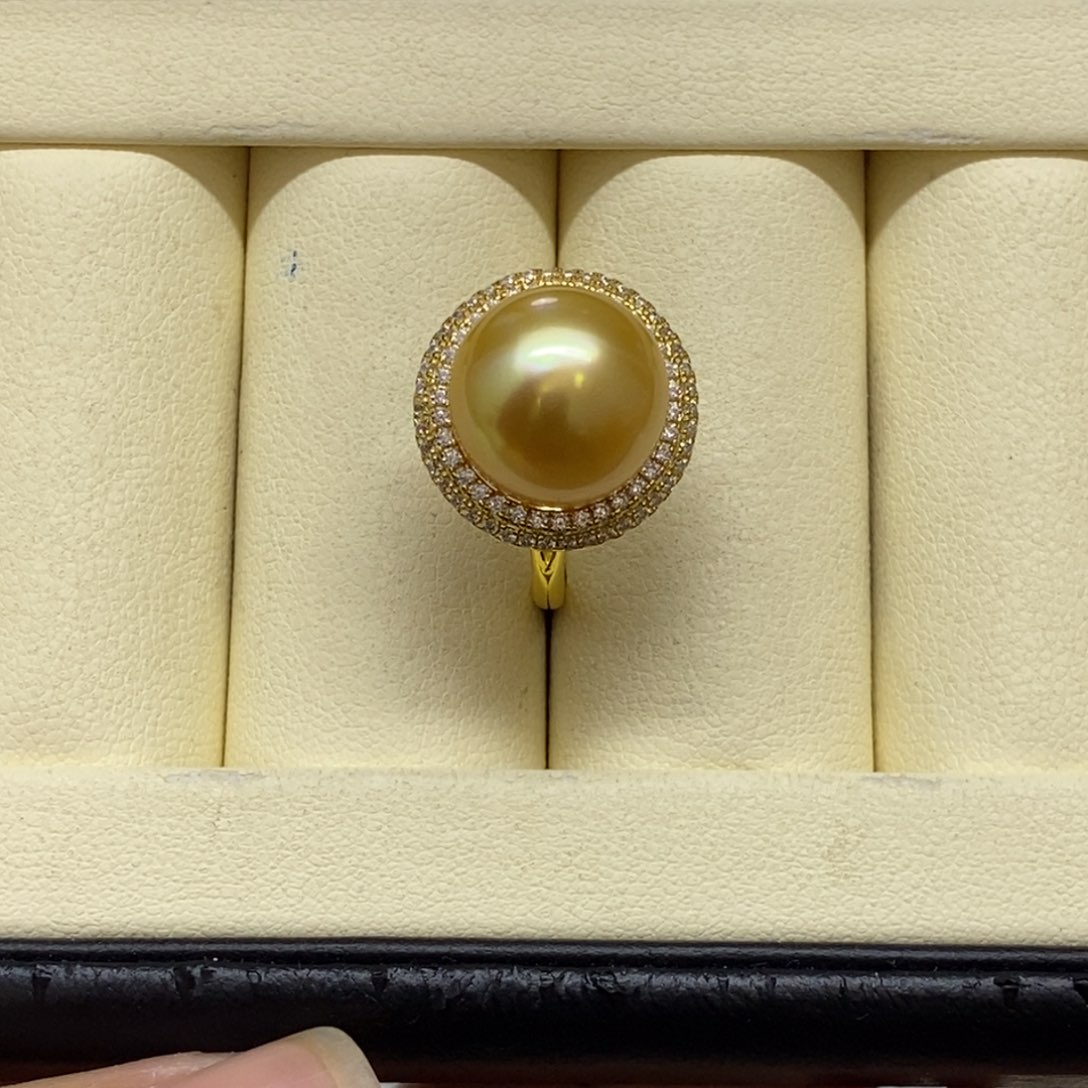 银S925镶嵌戒圈海水珍珠浓金戒指12-13m m