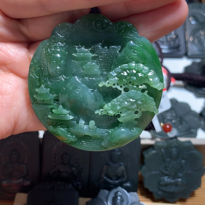 和田玉（碧玉）未镶嵌吊坠(赠链)碧玉山水牌