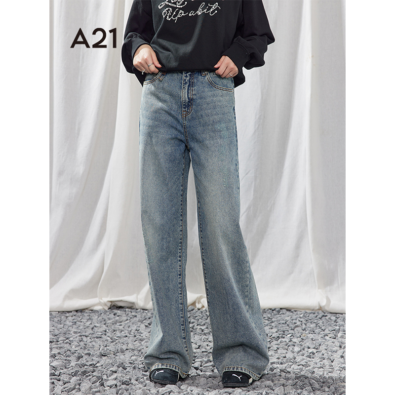 A21女装宽松高腰直筒休闲牛仔长裤F451226014