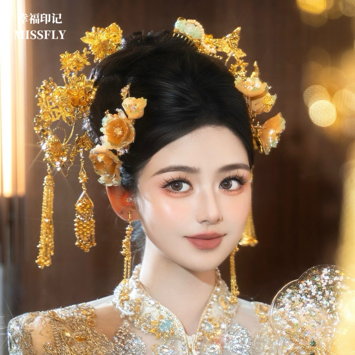金色浅色新娘水凝胶头饰秀禾龙凤褂旗袍发饰新中式古风配饰品减龄