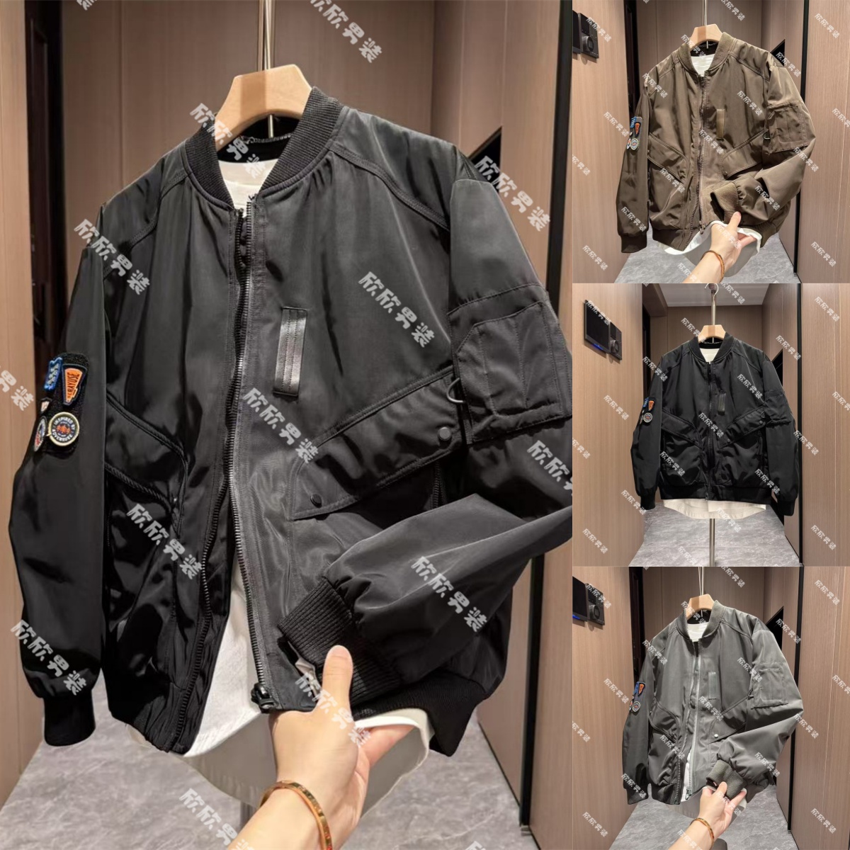 潮牌飞行员棒球贴标痞帅拼接百搭时尚男士上衣