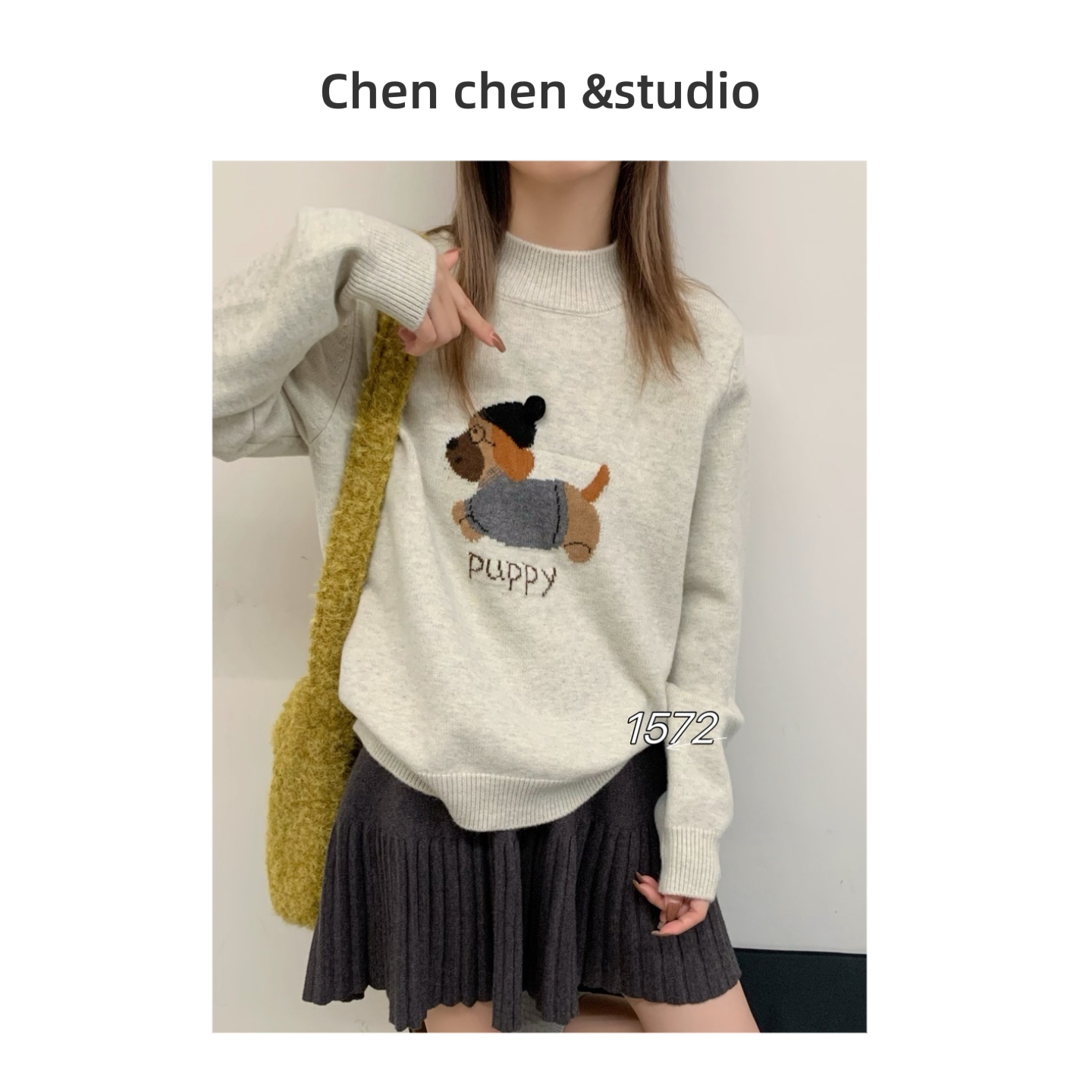 【韩系小狗提花针织衫】秋冬慵懒风宽松显瘦大码软糯毛衣女上衣