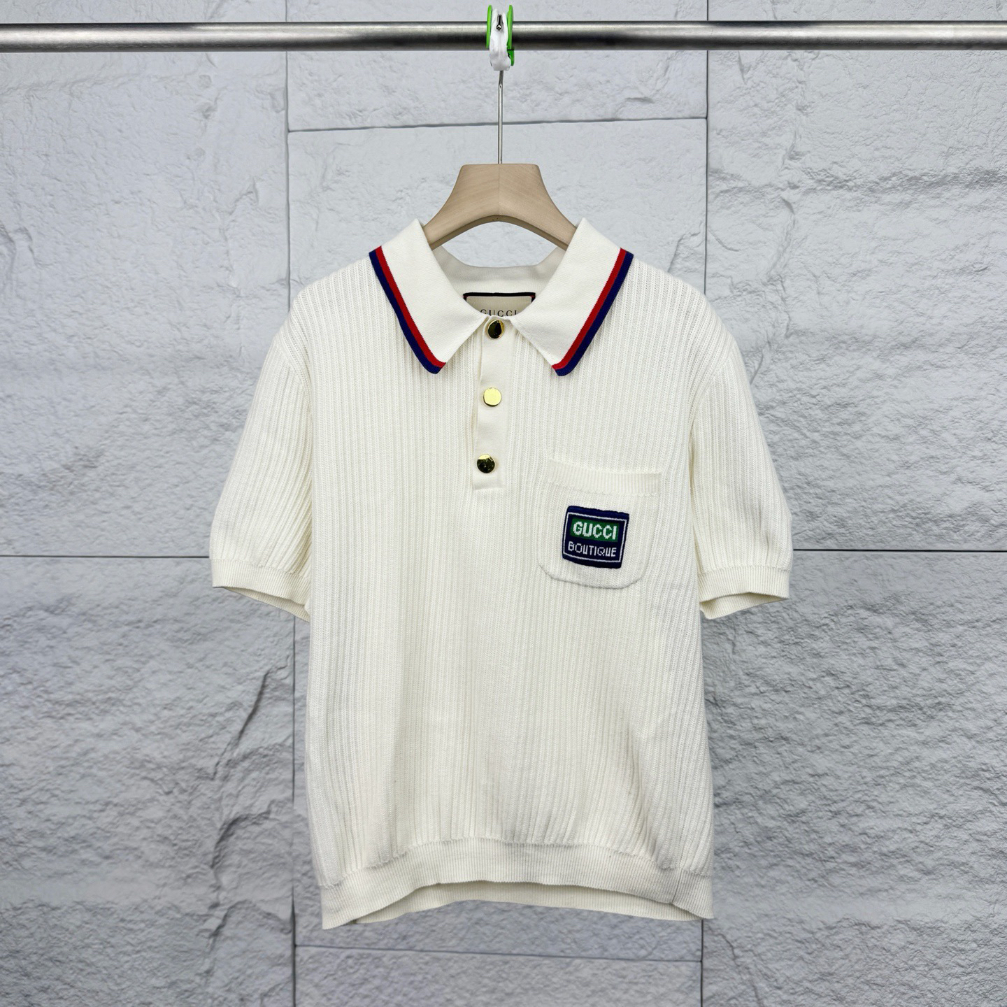 99新 GUCCI/古驰 M码/条纹边饰针织字母短袖Polo衫/16632057