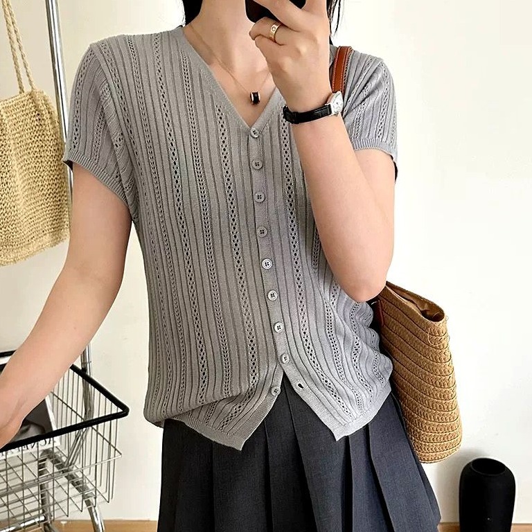 【竖坑条镂空短袖】针织衫时尚休闲半袖镂空v领设计感气质