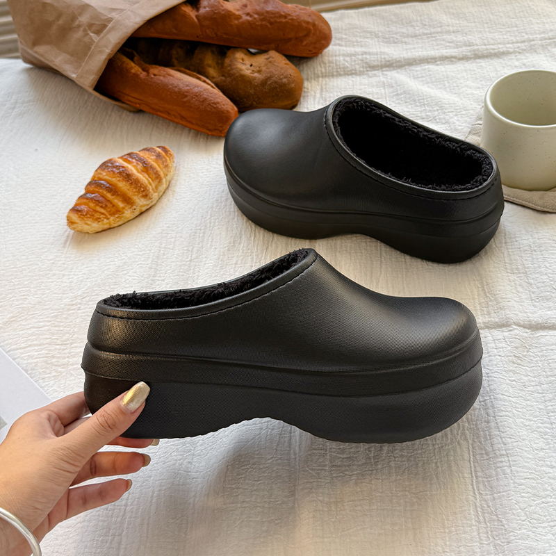 比物冬季加绒保暖时尚情侣软底包头款浅口半拖防滑包头棉拖